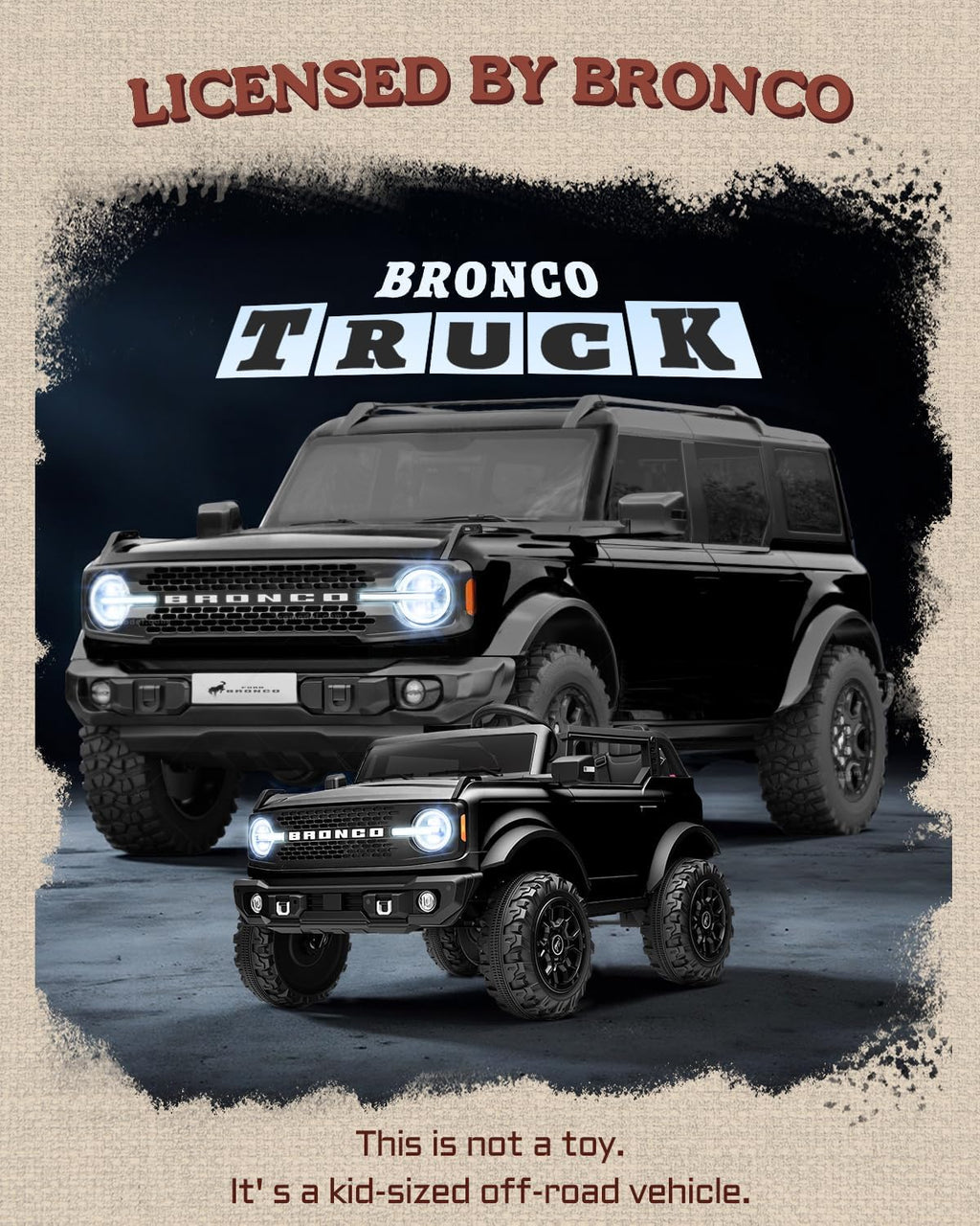 First Ride On Juguetes de paseo de 24 V para niños grandes, auto base Ford Bronco con licencia de 2 plazas, automóvil eléctrico para niños con control remoto para padres, Bluetooth, cinturones de seguridad, suspensión de resorte y LED (negro)