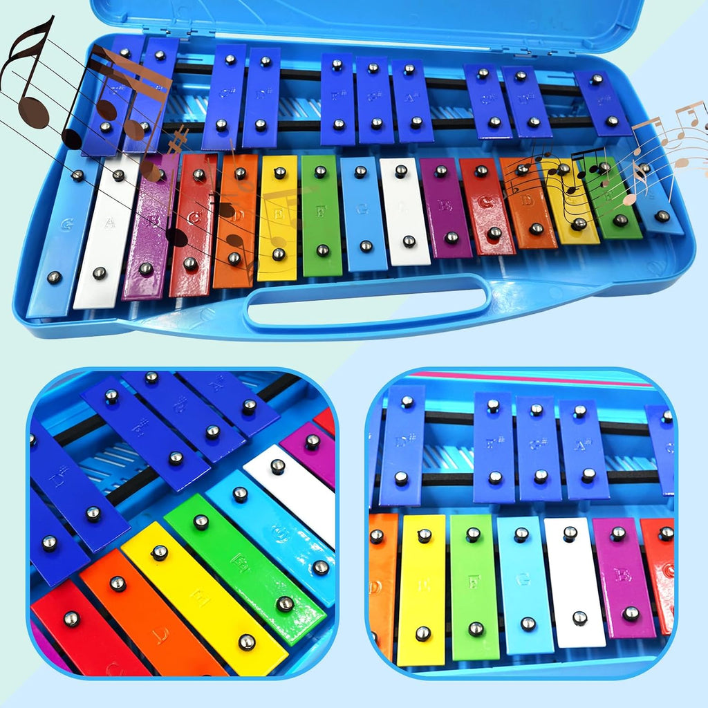 Soulmate Xilófono para niños, instrumento xilófono de 25 notas, percusión profesional con estuche y dos mazos seguros para principiantes, teclas de metal coloridas, enseñanza de música, regalos (azul)