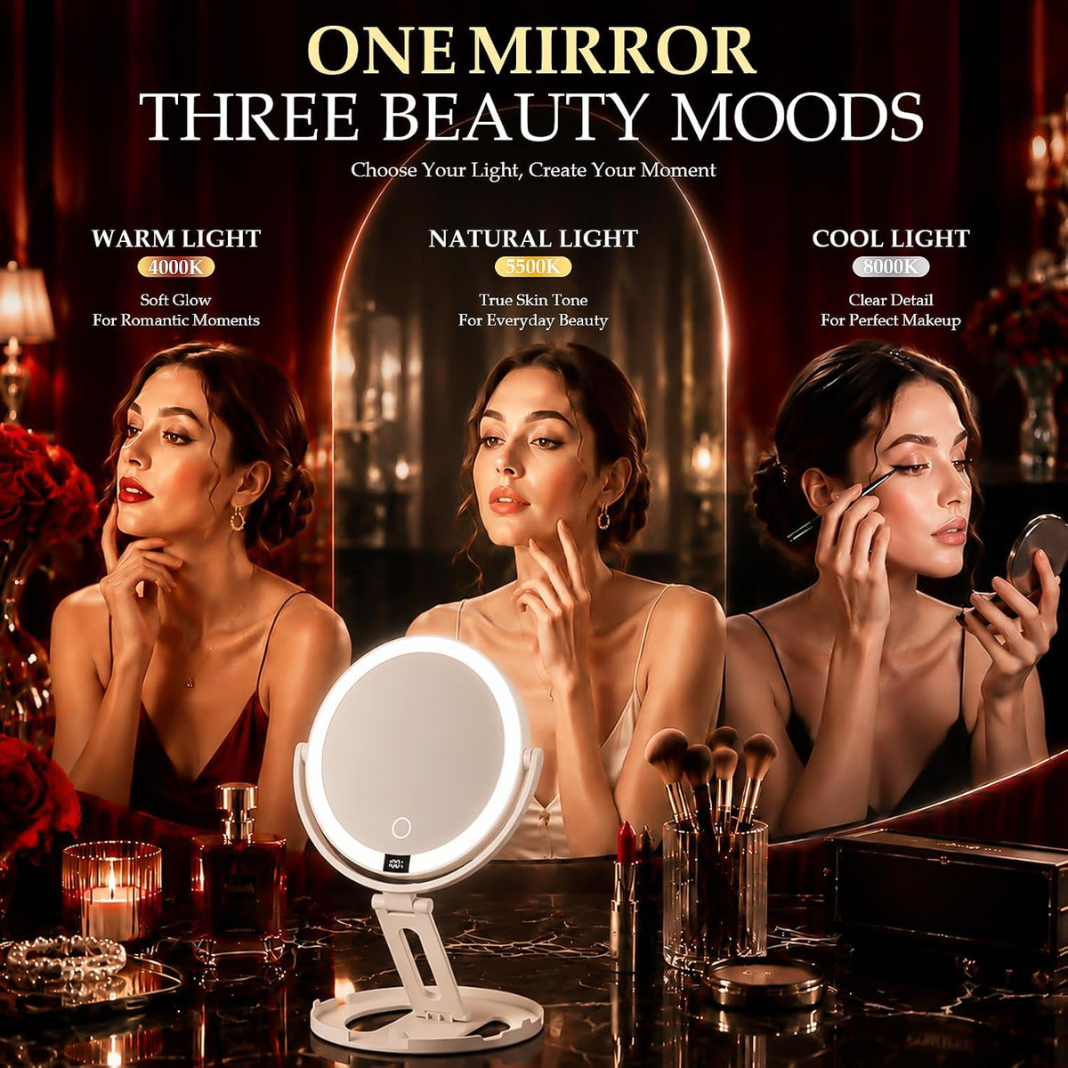 Espejo de maquillaje de viaje con luces, espejo de aumento de doble cara 1X