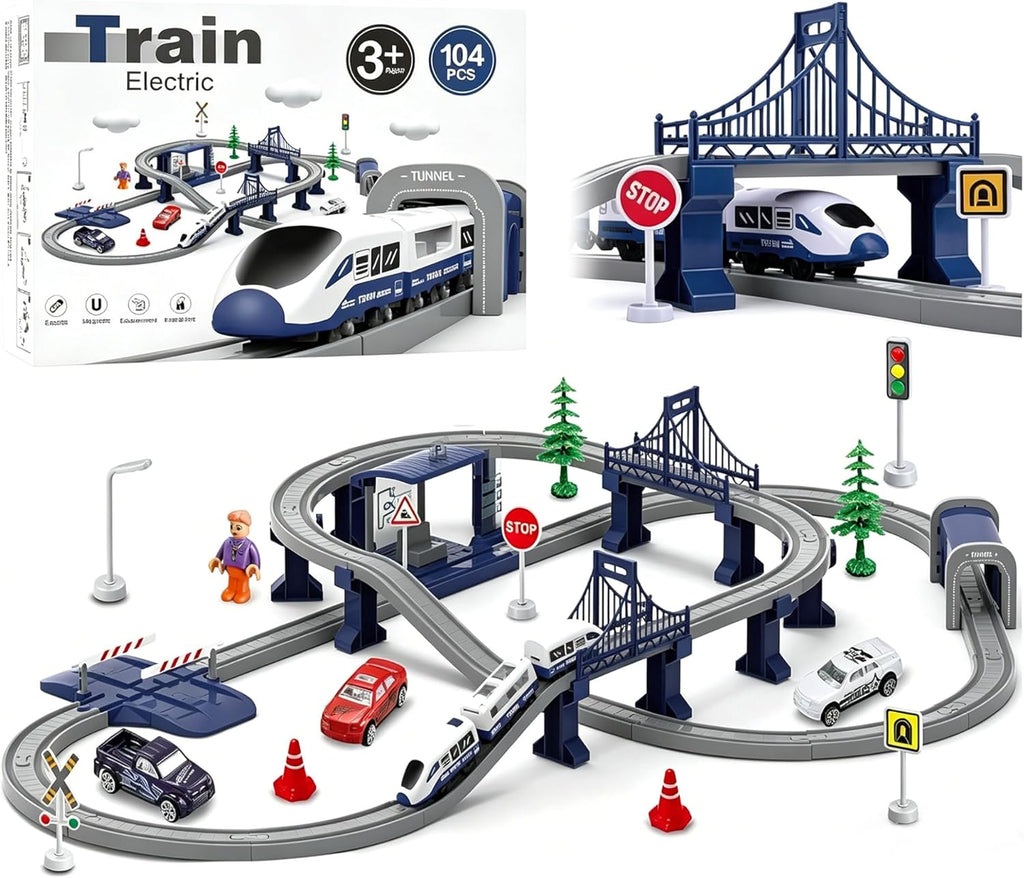 Juegos de trenes para niños 4-7, 104 piezas Trenes a pilas con pistas