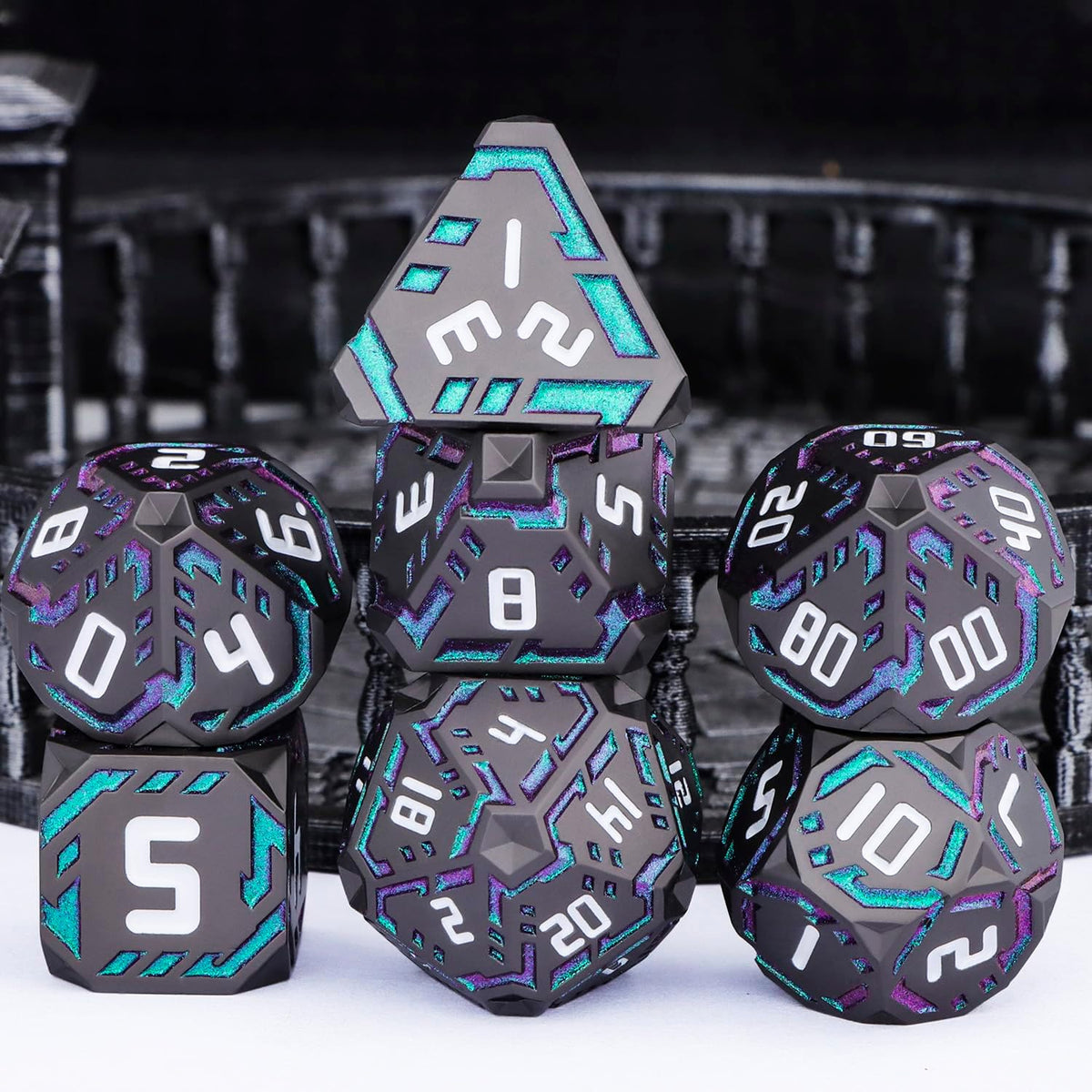 Juego de dados de ciencia ficción DND de metal, 7 dados poliédricos luminosos a rayas naranjas para Dungeons Dragons RPG, dados D y D con purpurina con caja de regalo D6 D8 D10 D12 D20