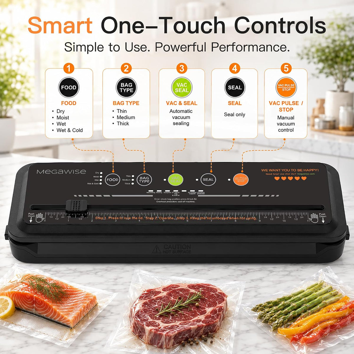 MEGAWISE Sellador al vacío 80kPa, sellador automático de alimentos con