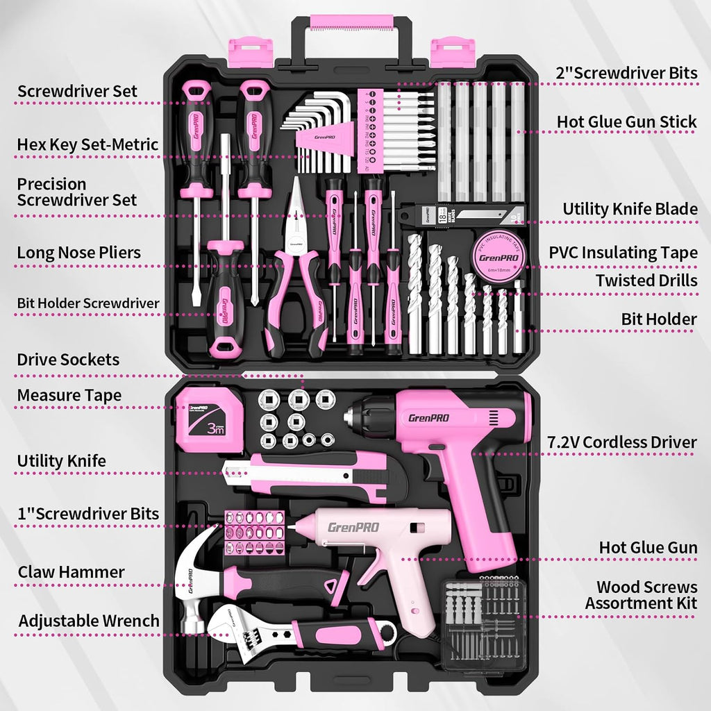 Juego de herramientas de taladro inalámbrico rosa de 188 piezas para mujer, kit de herramientas para caja casera