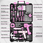 Juego de herramientas de taladro inalámbrico rosa de 188 piezas para mujer, kit de herramientas para caja casera