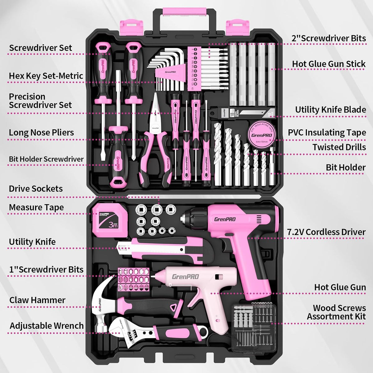 Juego de herramientas de taladro inalámbrico rosa de 188 piezas para mujer, kit de herramientas para caja casera