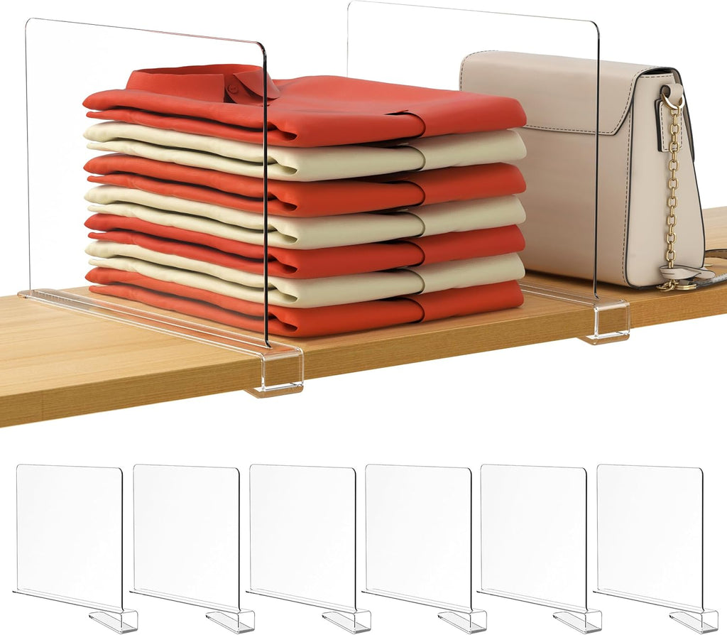 HBlife Paquete de 6 organizadores de armario y almacenamiento, separadores de estantes transparentes, organizador vertical de bolso para armario, perfecto para suéter, camisas, bolsos en el dormitorio