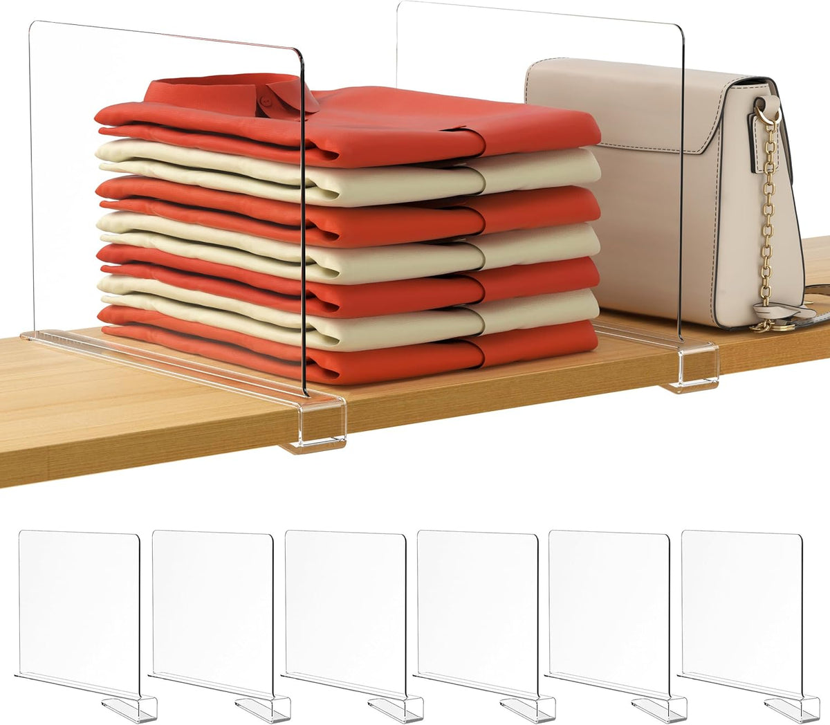 HBlife Paquete de 6 organizadores de armario y almacenamiento, separadores de estantes transparentes, organizador vertical de bolso para armario, perfecto para suéter, camisas, bolsos en el dormitorio