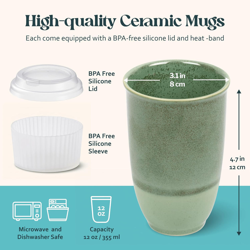 NOVA CERAMICS Taza de viaje – Vaso de café de viaje – Taza de café On the Go – Vaso de café verde apto para microondas y lavavajillas – Regalos para mujeres, hombres, él y ella – 12 oz – Esmeralda