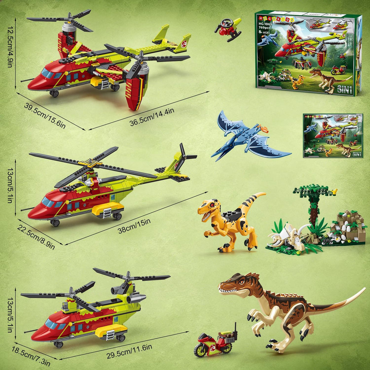 HOGOKIDS Juego de juguetes de construcción de aviones 3 en 1 con dinosaurio