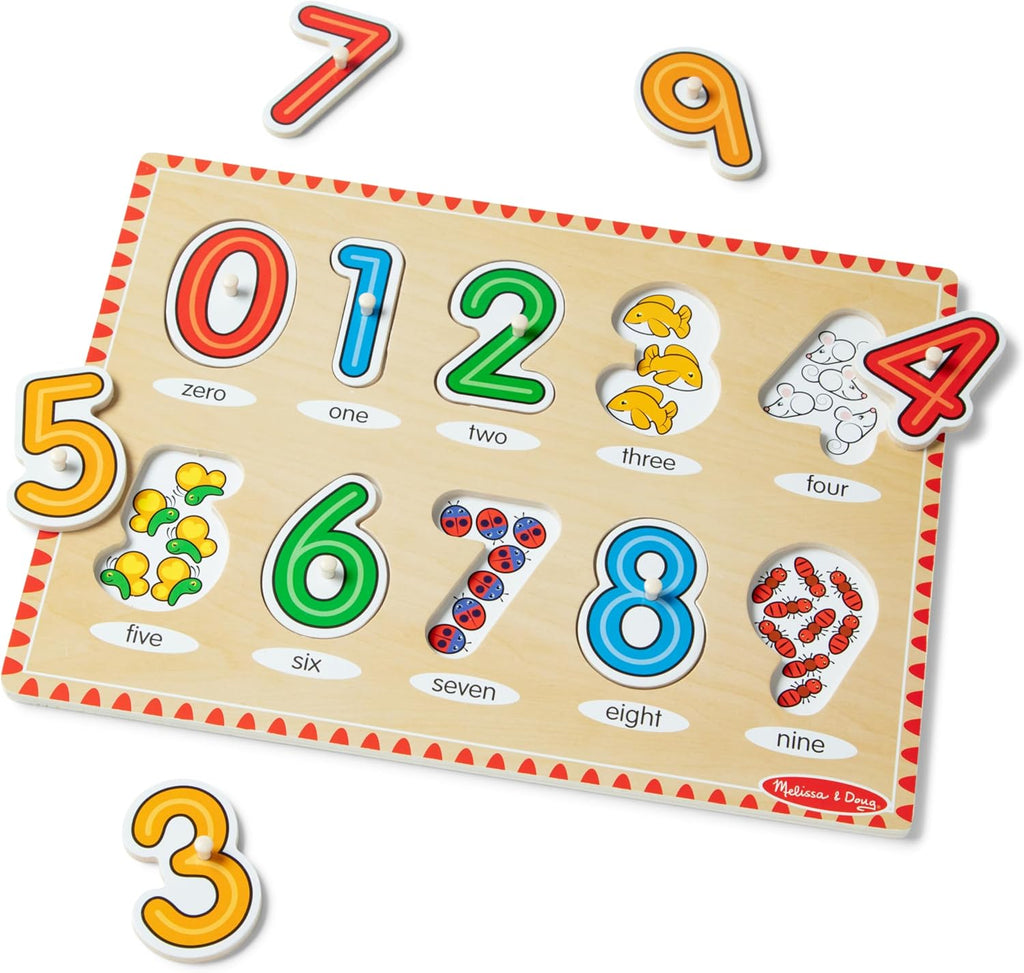 Melissa & Doug Rompecabezas de madera para levantar y ver clavijas de aprendizaje temprano, paquete de 2 para niñas y niños - alfabeto, números