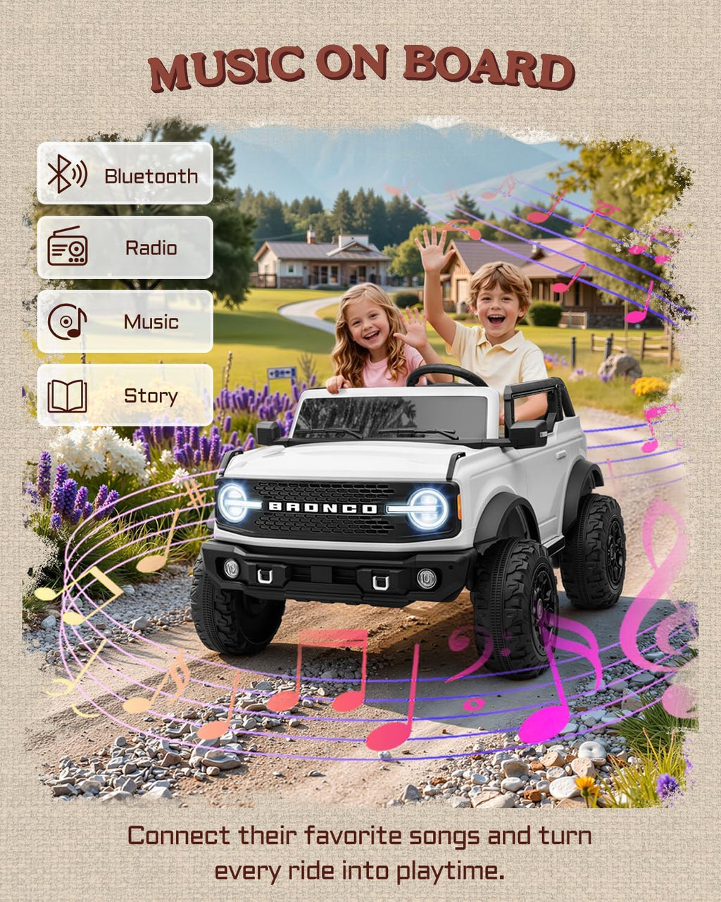 First Ride On Auto de 24 V y 2 plazas para niños, base Ford Bronco con licencia con control remoto, camión eléctrico con Bluetooth, LED, cinturones de seguridad y diseño espacioso (blanco)