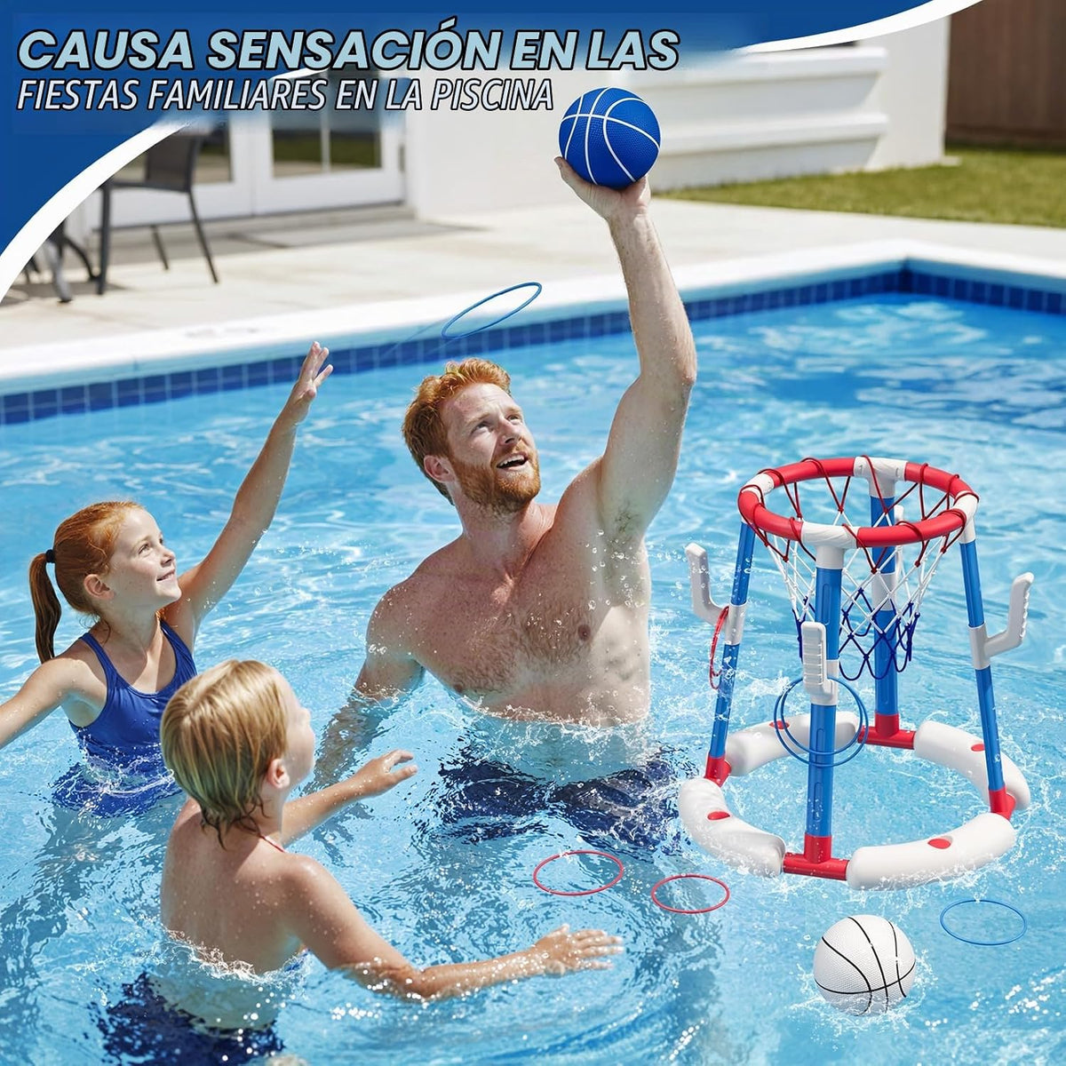 Juego de aro de baloncesto y lanzamiento de anillos 2 en 1 para piscina, base estable antipunta, incluye 4 pelotas de baloncesto, 8 anillos/bomba de bomba, juguetes flotantes de verano para piscina