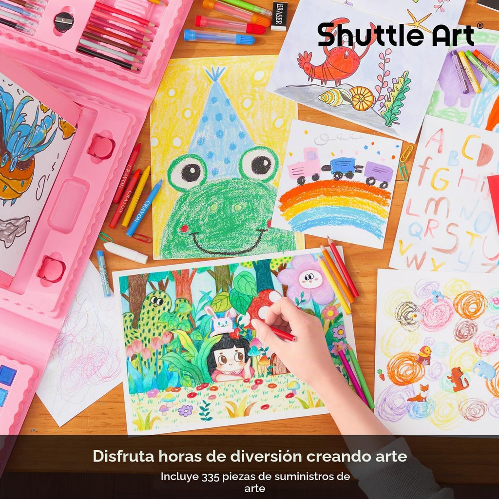 Shuttle Art Juego de arte para niños de 335 piezas, suministros de arte multimedia, kit de arte de regalo con caballete triple, 2 blocs de dibujo, 2 libros para colorear, pasteles al óleo, crayones y