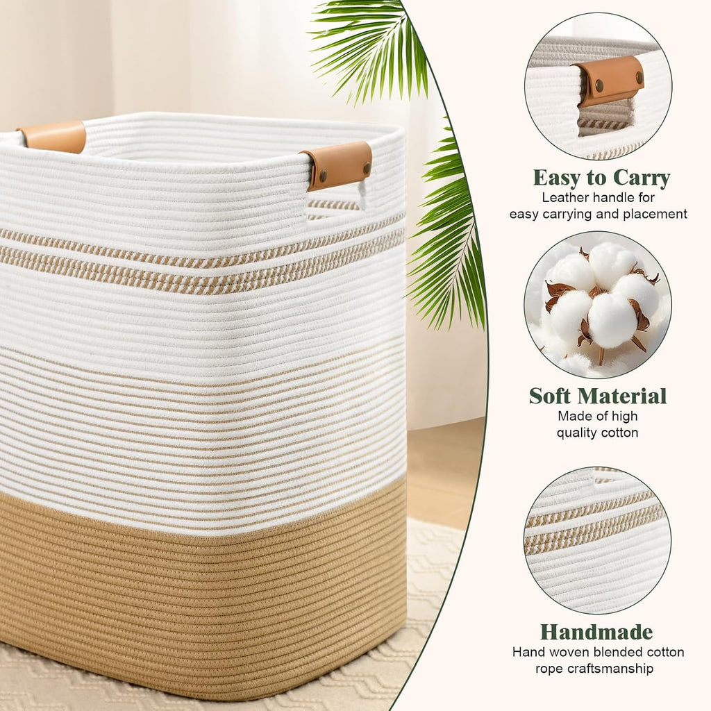 Cesta de lavandería de 85 litros de altura con asas de cuero, cesta de ropa rectangular grande para organizar, cestas de algodón tejido para lavandería, cestas de almacenamiento para