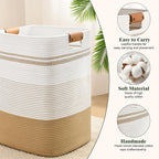 Cesta de lavandería de 85 litros de altura con asas de cuero, cesta de ropa rectangular grande para organizar, cestas de algodón tejido para lavandería, cestas de almacenamiento para