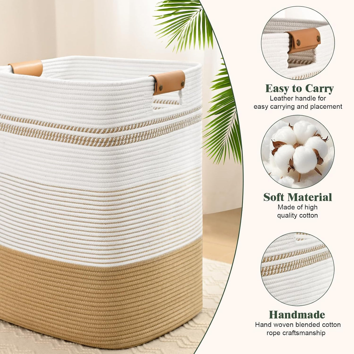 Cesta de lavandería de 85 litros de altura con asas de cuero, cesta de ropa rectangular grande para organizar, cestas de algodón tejido para lavandería, cestas de almacenamiento para
