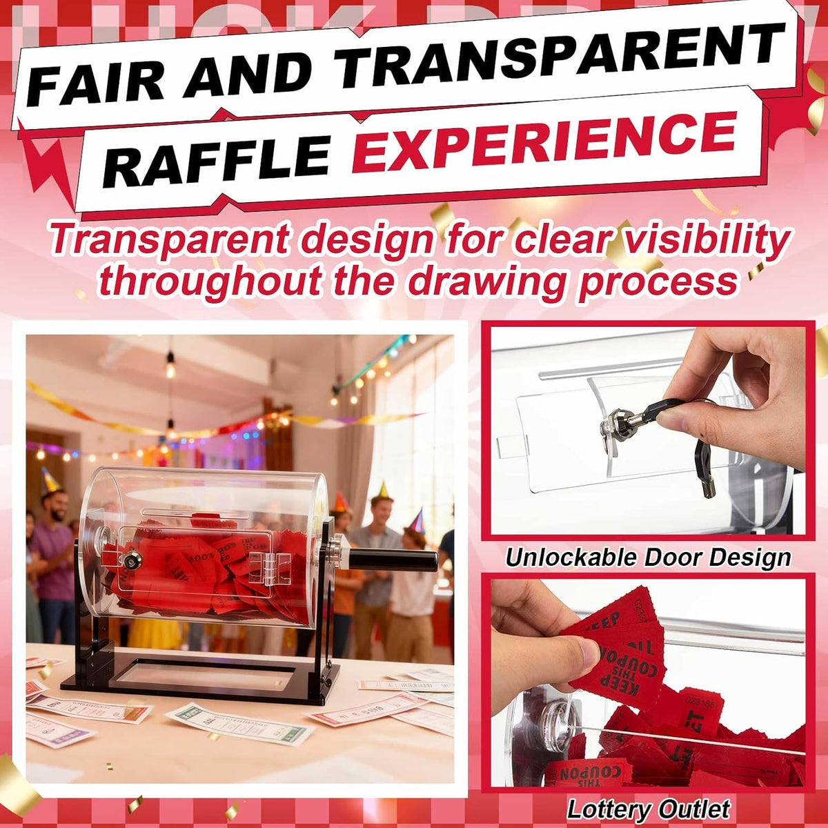 Leinuosen Tambor pequeño de acrílico para rifa, 8.7 x 5 x 7 pulgadas, boletos de rifa transparentes con mano agitadora, caja giratoria transparente para juegos de sorteo pequeños, actividades de fiesta (cilíndrica, negro)