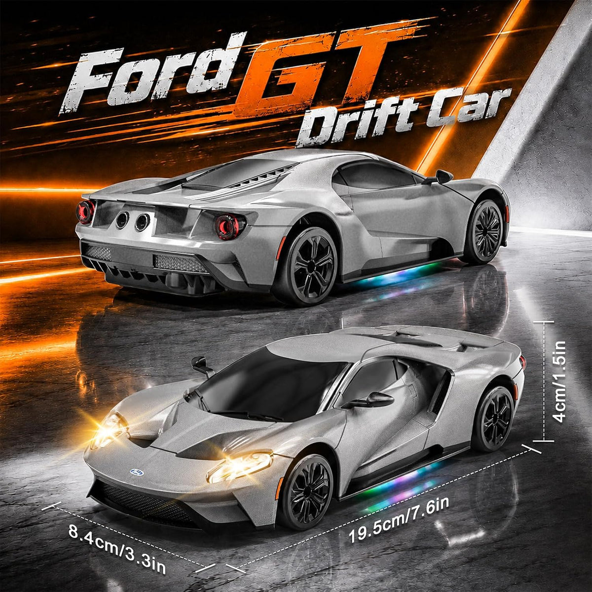 YESHIN 1:24 Ford GT RC Drift Car Plata, Coche de control remoto para niños