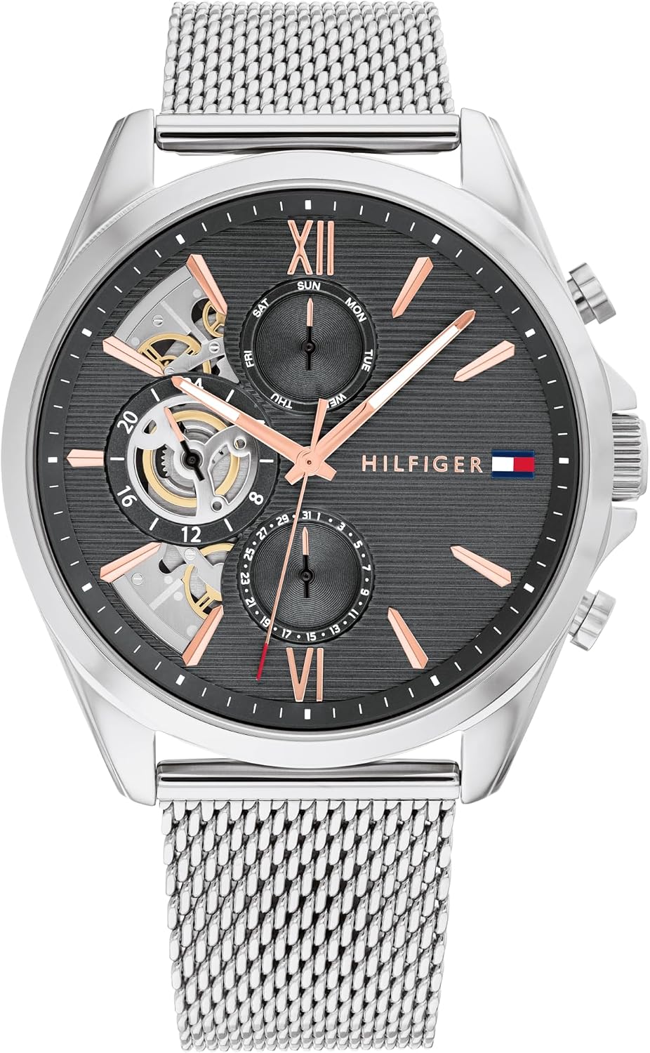 Tommy Hilfiger Reloj para hombre – Cuarzo Multifunción, caja de acero inoxidable de 1.732 in, esfera de esqueleto, pulsera de malla – Reloj de vestir para hombre
