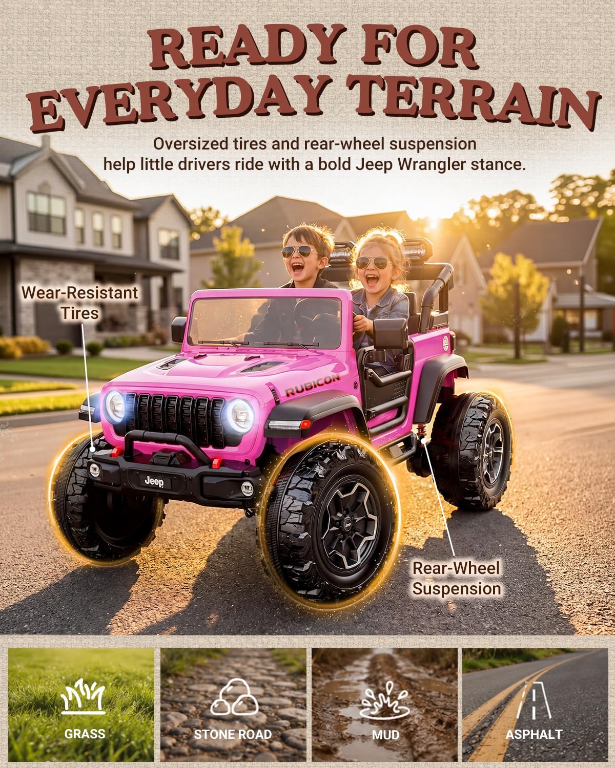 First Ride On Auto eléctrico grande de 24 V y 2 plazas para niños, Jeep Wrangler Rubicon con licencia, vehículo Jeep con neumáticos de gran tamaño de 14.5 pulgadas, cinturón de seguridad, control