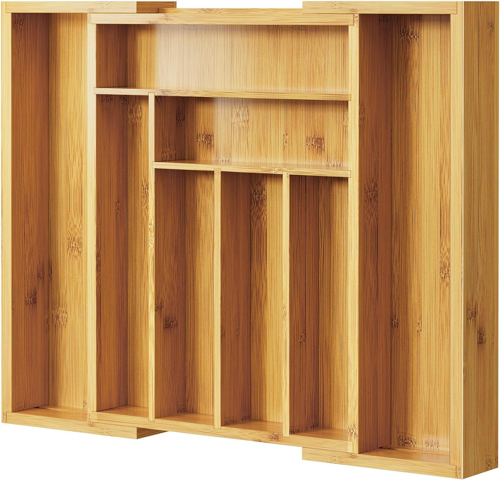 Pipishell Organizador de cajones extensible de bambú para soporte de utensilios, bandeja de cubiertos ajustable, organizador de separadores de cajones de madera para cubiertos, cubiertos, cuchillos en cocina, dormitorio, sala de estar
