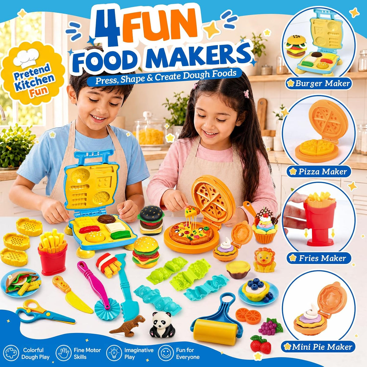 Juego de herramientas para masa, 42 piezas de accesorios de masa con hamburguesas, pizza y papas fritas, moldes de animales y frutas, rodillos, cortadores, sellos, tijeras de seguridad y juguetes de