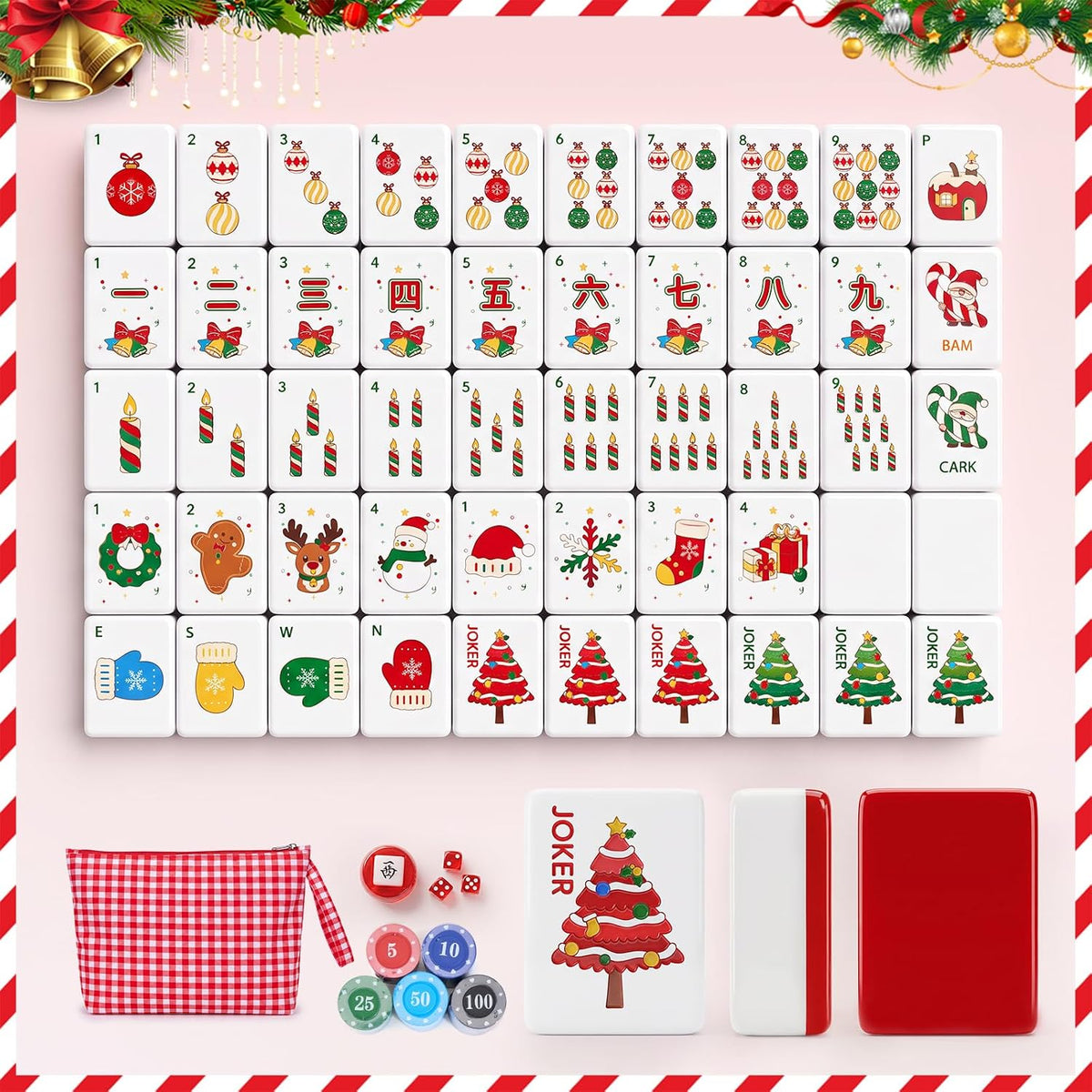 Christmas American Mahjong - Juego de 160 azulejos rojos grabados con bolsa