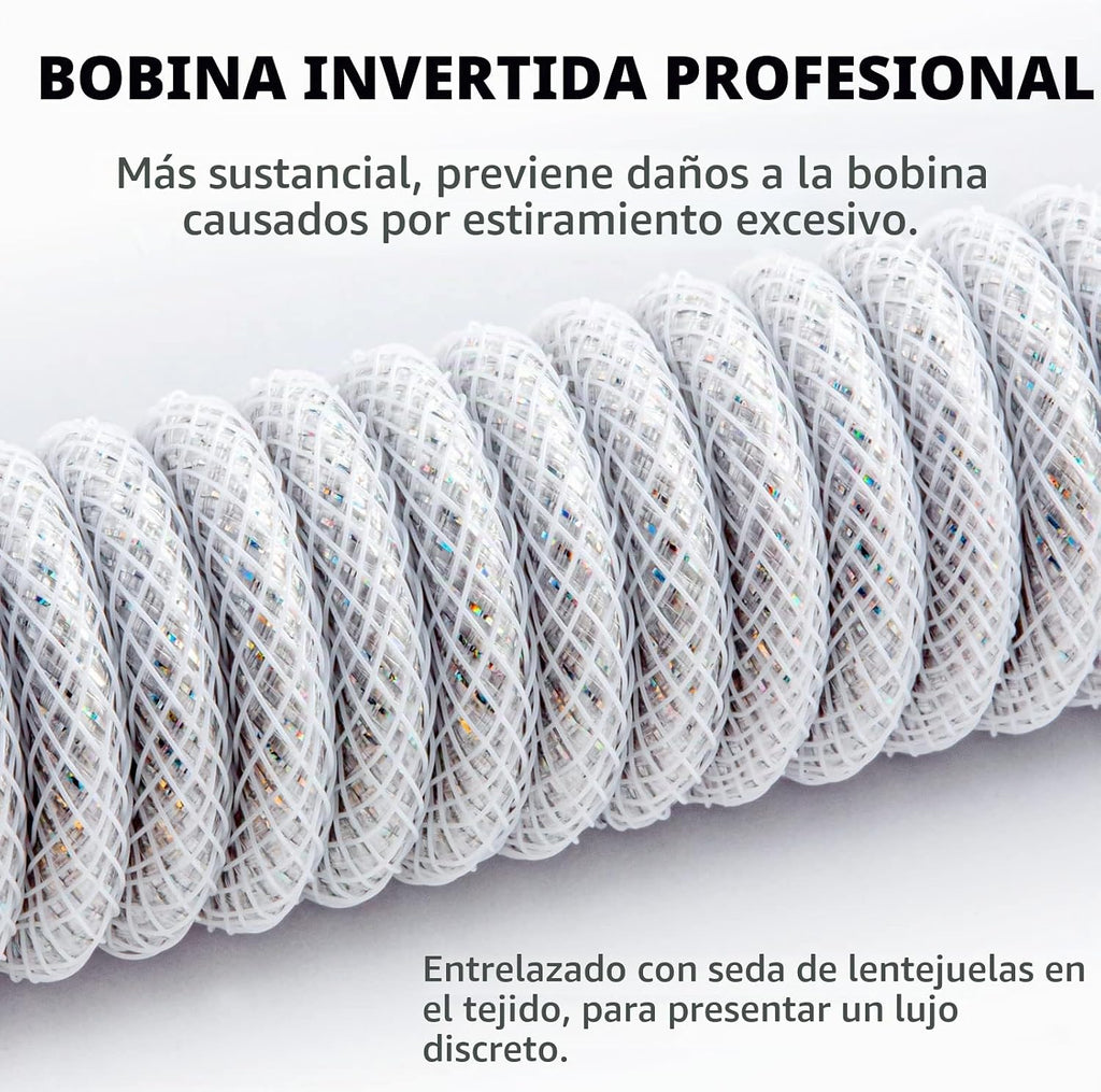 Cable de teclado en espiral USB C Starlight para teclado de juegos, cable de teclado mecánico de doble funda con aviador metálico desmontable, 1.5M USB-C a USB-A, color blanco con conector de