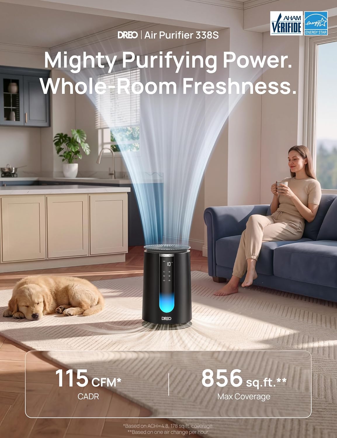 DREO AHAM VERIFIDE - Purificador de aire inteligente para el hogar, dormitorio, mascotas, humo, polvo, polen y olores, Wi-Fi/Voz/Alexa, monitor PM2.5, automóvil, turbo, modo de sueño HEPA, DR-HAP008S