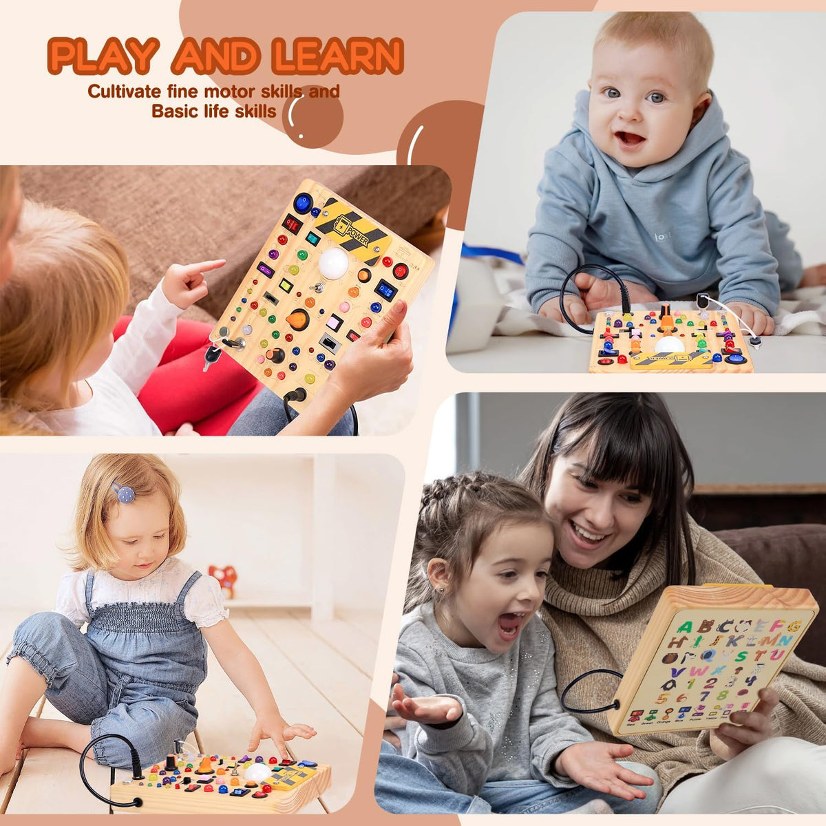 Tablero de actividades con 19 interruptores de luz LED, juguetes Montessori para niños de 1, 2, 3 años, tablero sensorial de madera, juguetes de viaje para niños y niñas de 1, 2, 3 años, regalo de cumpleaños (grande)