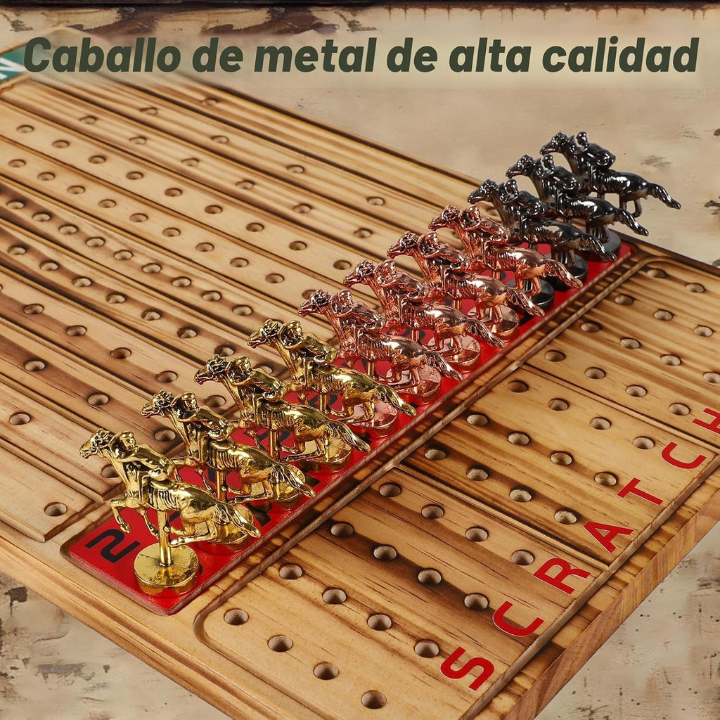 HOROW Juego de mesa de carreras de caballos, juego de cartas de carreras de caballos de madera maciza y juego de mesa de dados edición de lujo con 11 caballos de metal, 100 fichas de póquer, 2 dados y 2 cajas de cartas