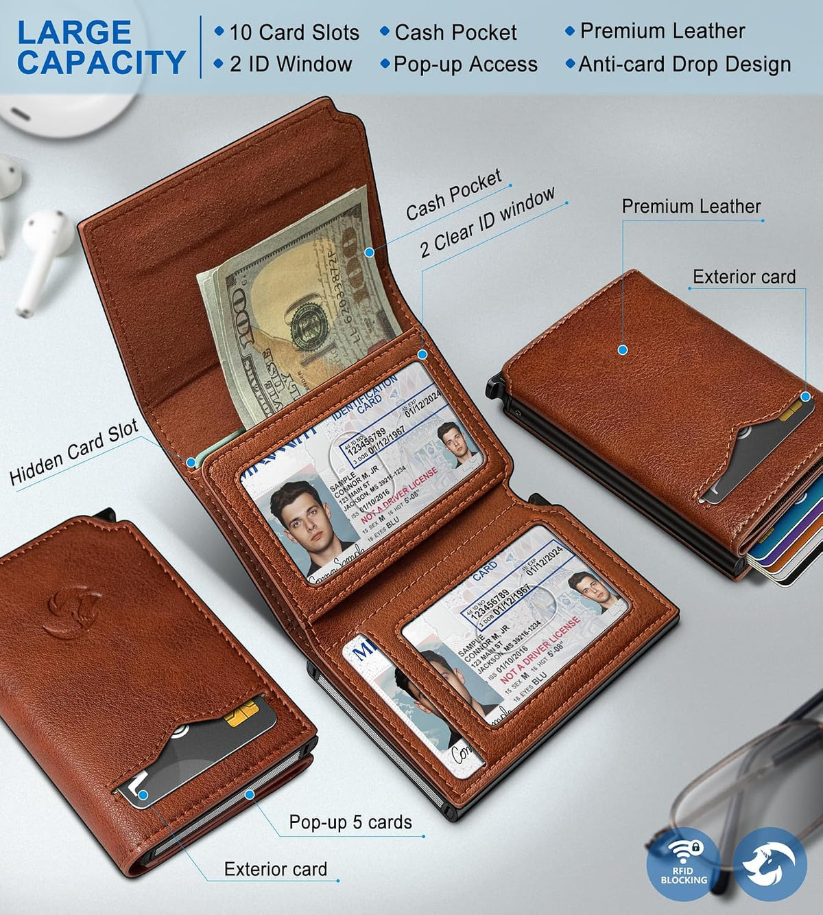 Cartera para hombre, tarjetero desplegable delgado con bloqueo RFID, billetera triple minimalista con 10 ranuras para tarjetas, bolsillo para efectivo y 2 ventanas para identificación, funda