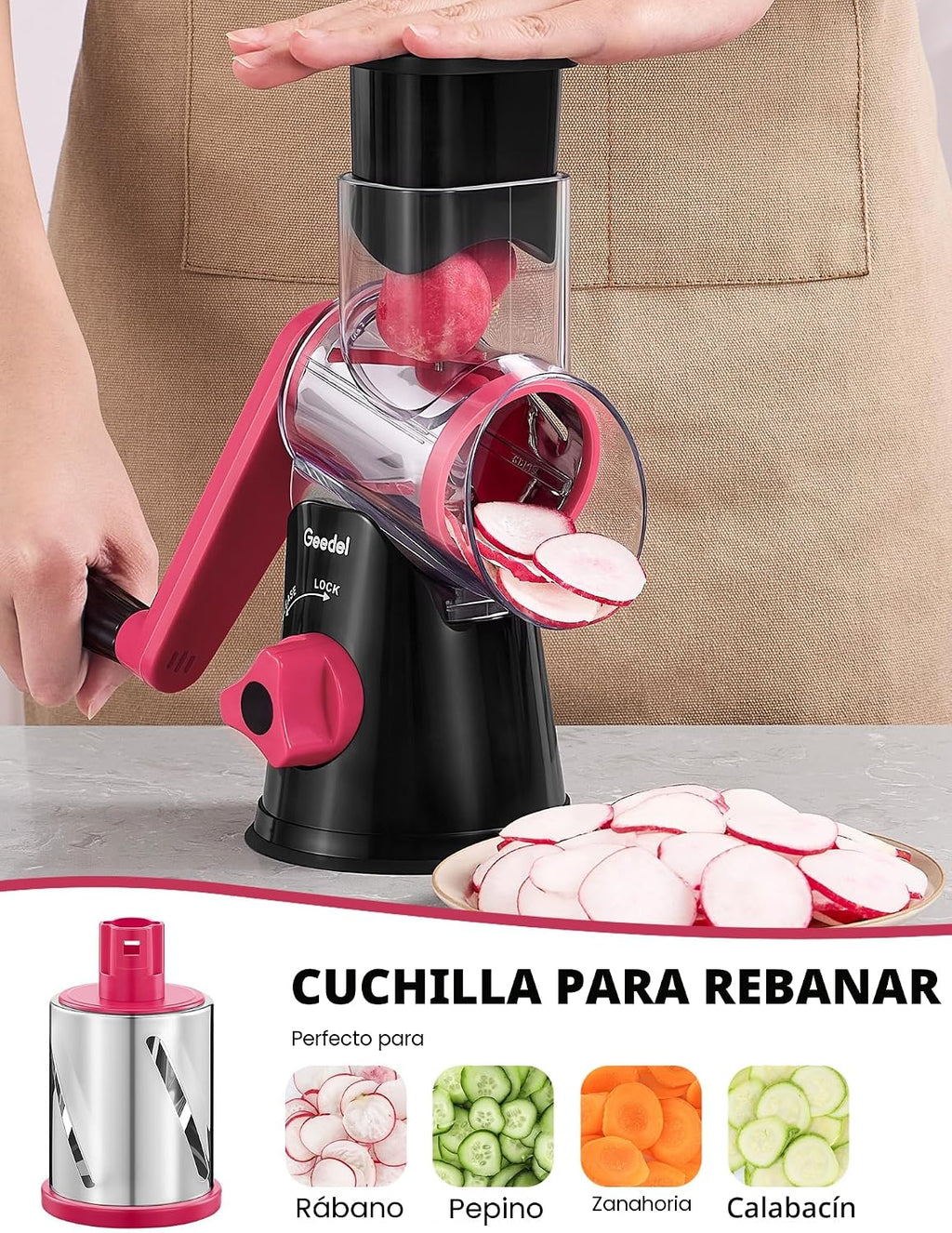 Geedel - Rallador rotativo de queso con manivela, trituradora de queso, cortador de verduras