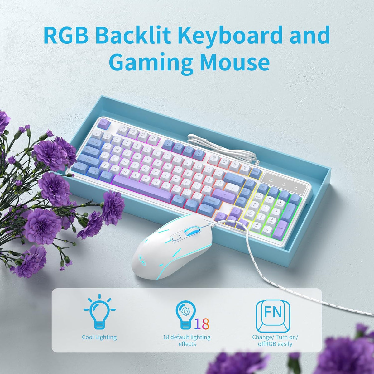 Teclado de Juego con Cable, Combo de Teclado y Ratón Cremoso, Tecla...