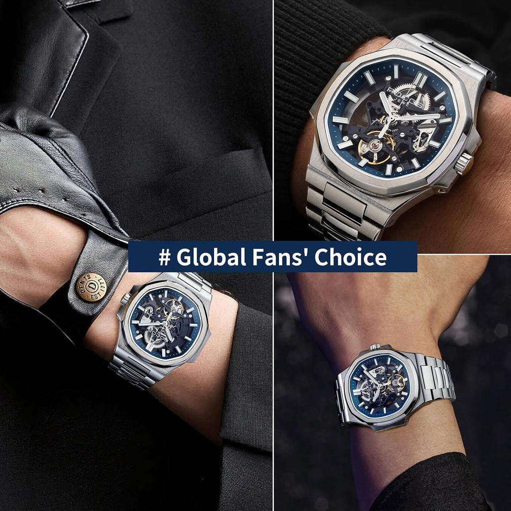 ROCOSJEWE Reloj Skeleton Automático de Lujo para Hombre, Reloj de Pulsera Mecánico de vestir, Remonte automático con esfera azul/negra, Joyería de acero inoxidable, manecillas luminosas, resistente al agua R0143