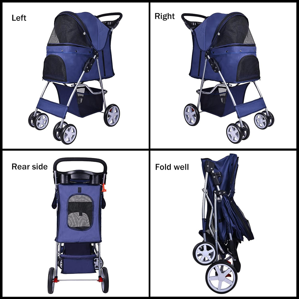 Elevon Cochecito para mascotas, cochecito multifuncional de 4 ruedas, cochecito de viaje portátil plegable con transportador desmontable, adecuado para perros medianos y pequeños, gatos, azul