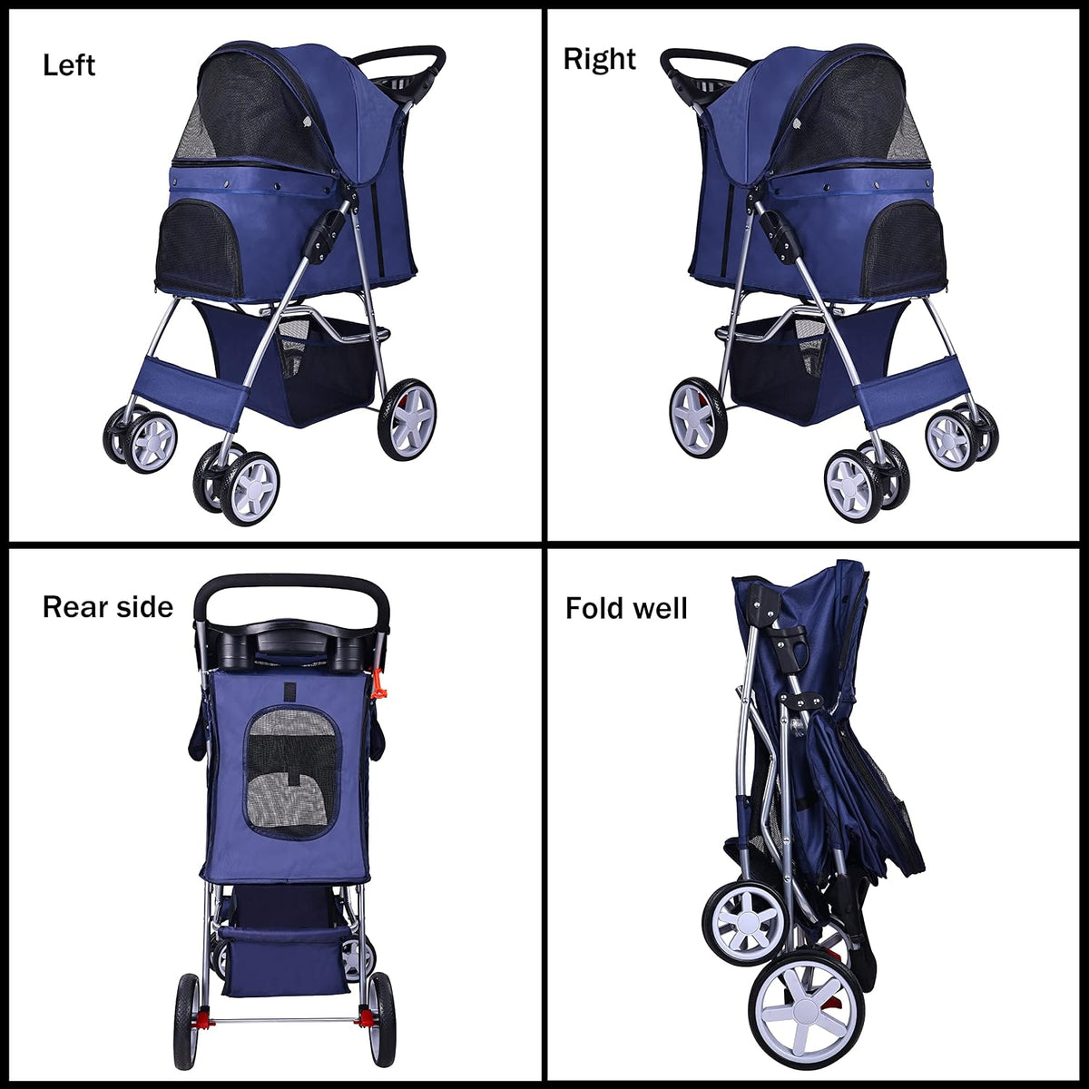 Elevon Cochecito para mascotas, cochecito multifuncional de 4 ruedas, cochecito de viaje portátil plegable con transportador desmontable, adecuado para perros medianos y pequeños, gatos, azul