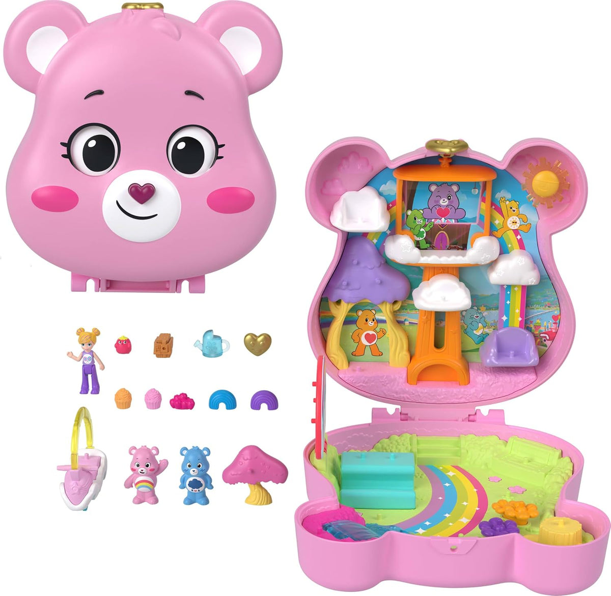 Polly Pocket x Care Bears Muñecas y Set de Juego con Auto de Juguete y Accesorios Temáticos, Juguete de Viaje, Compacto de Colaboración