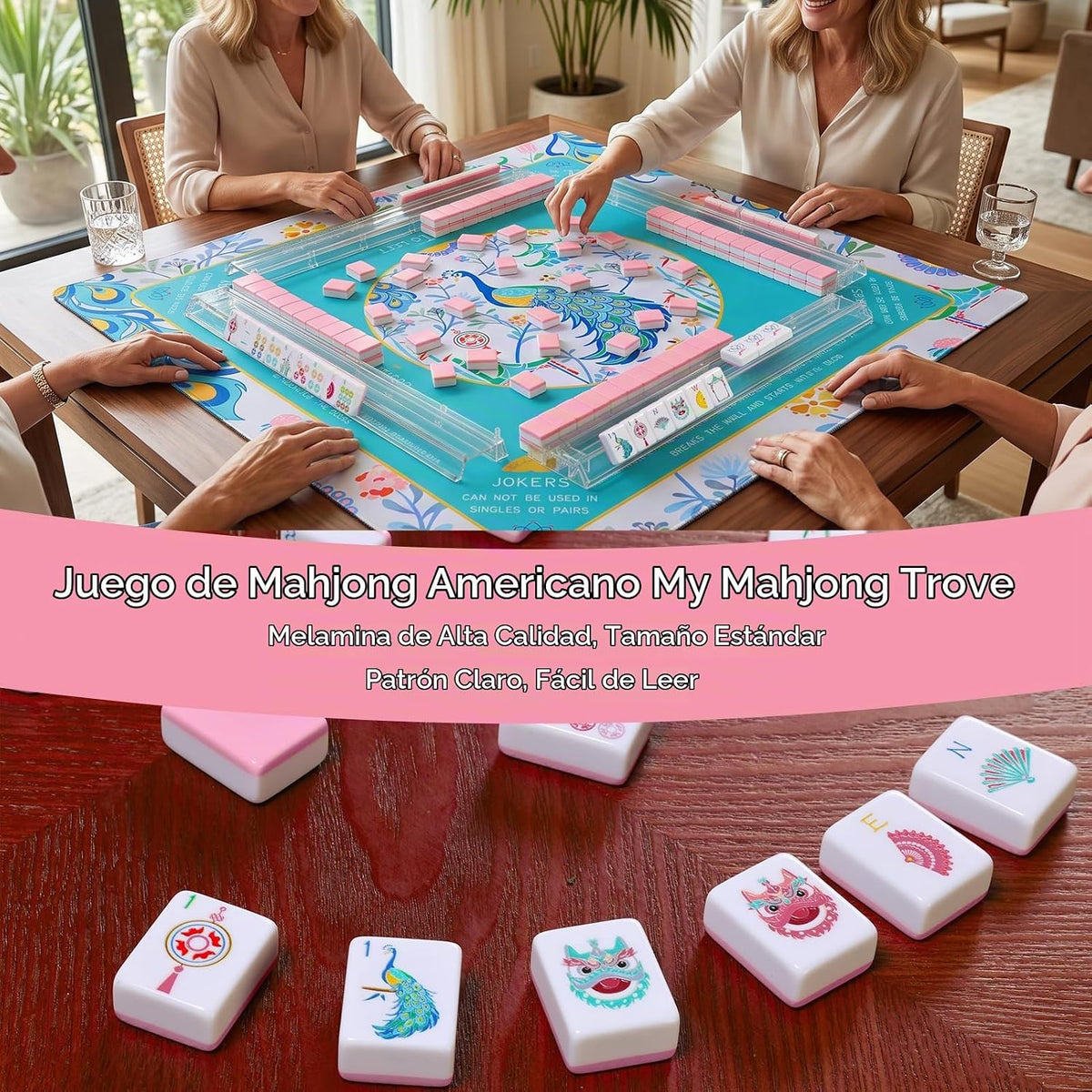 Set de 160 Fichas de Mahjong en color Rosa con Grabado y Bolsa de Transporte y Accesorios, Juego de Fichas de Mahjong de 1.2’’