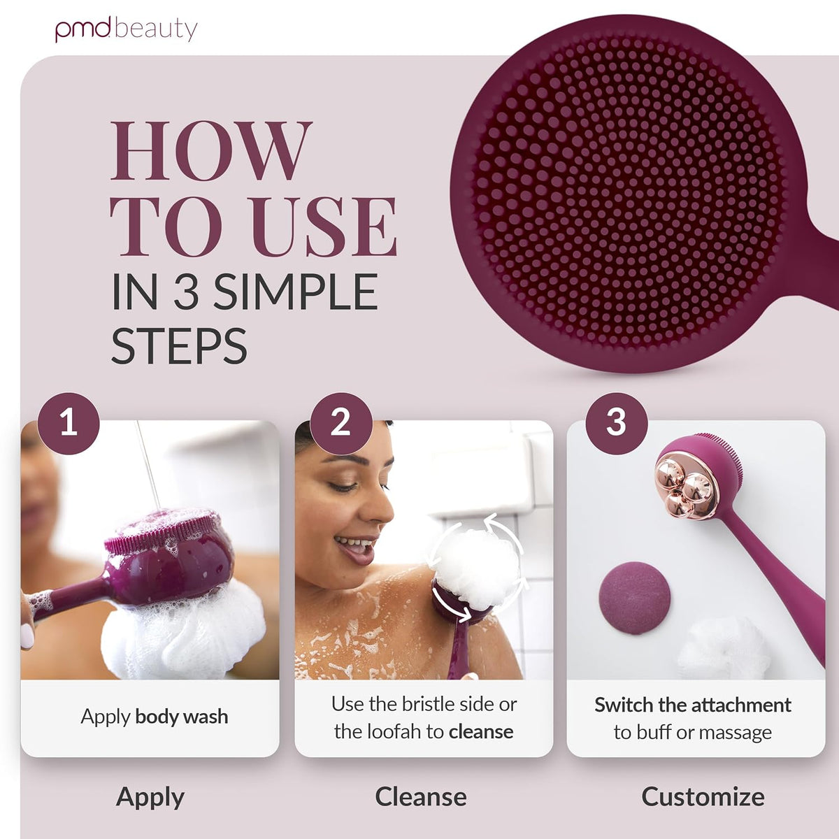 PMD Beauty Clean Body - Dispositivo Eléctrico Inteligente de Limpieza con Cepillo de Silicona y Tres Accesorios Intercambiables para Limpiar, Exfoliar y Masajear el Cuerpo