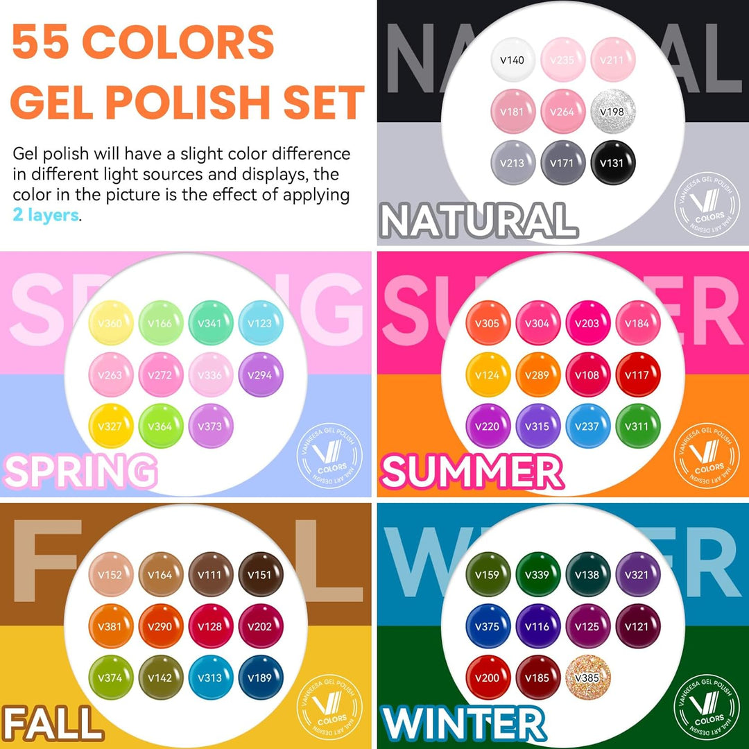 VANREESA Juego de 60 esmaltes de uñas de gel, 55 colores con capa b...