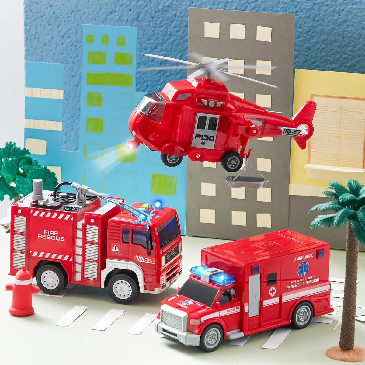 JOYIN Camión de bomberos de juguete para niños de 3, 4, 5, 6, 7 años, camión de bomberos, vehículo de emergencia, camión de bomberos para niños, automóvil alimentado por fricción con luces y sonidos, regalos de cumpleaños para niños y niñas de 3 a 9 años