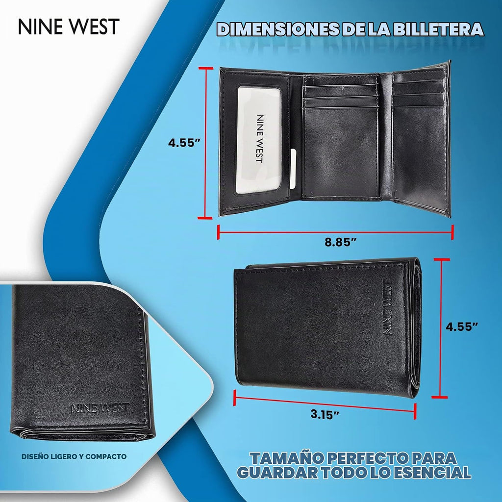 Nine West Billeteras de cuero vegano triple para hombre, sin crueldad, cuero reciclado con ventana de identificación, regalos para hombres, color negro sólido