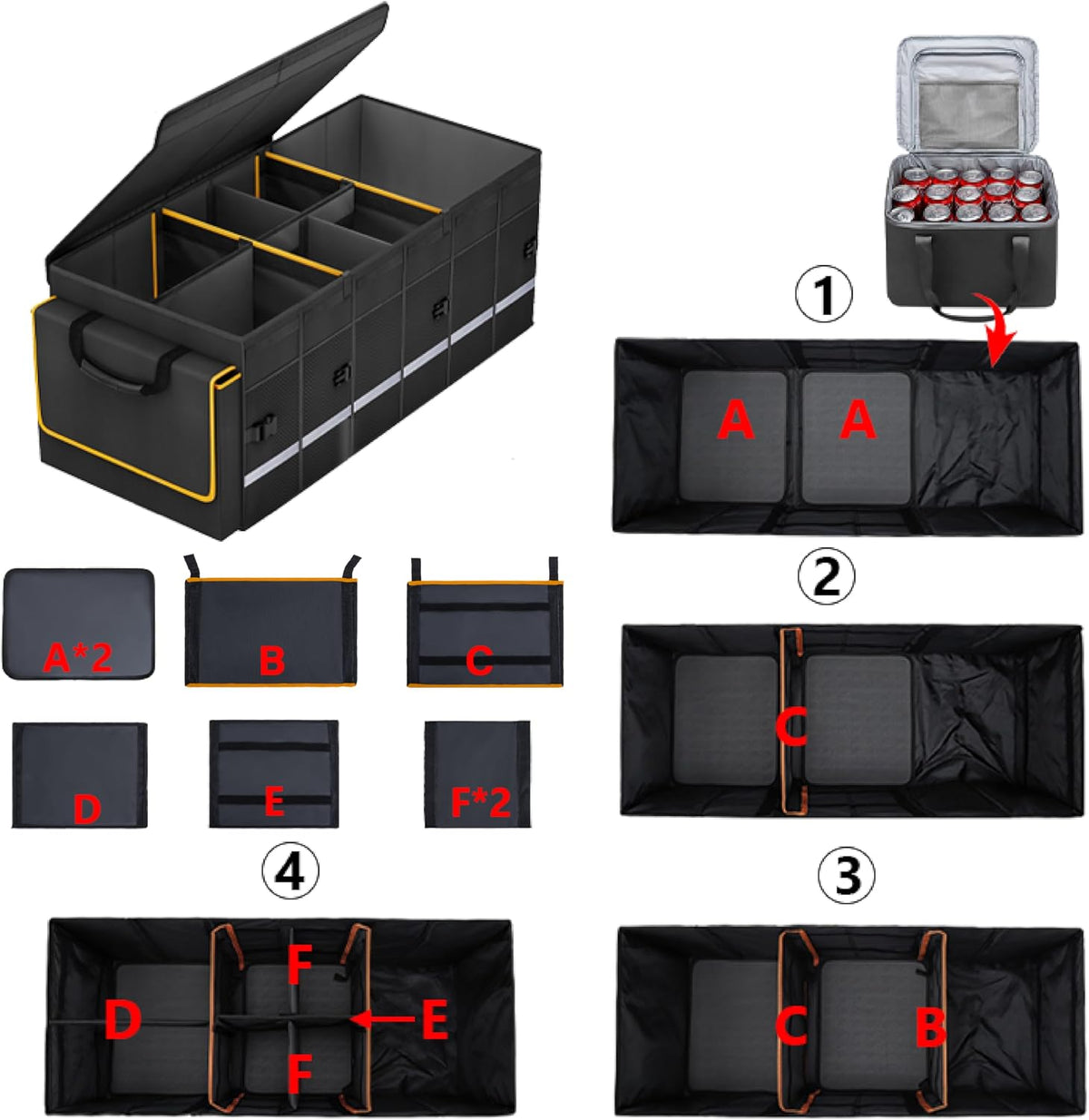 Organizador y almacenamiento para maletero de automóvil con tapa y bolsa enfriadora extraíble a prueba de fugas, accesorios para automóvil, 6 divisores extraíbles para espacio personalizado