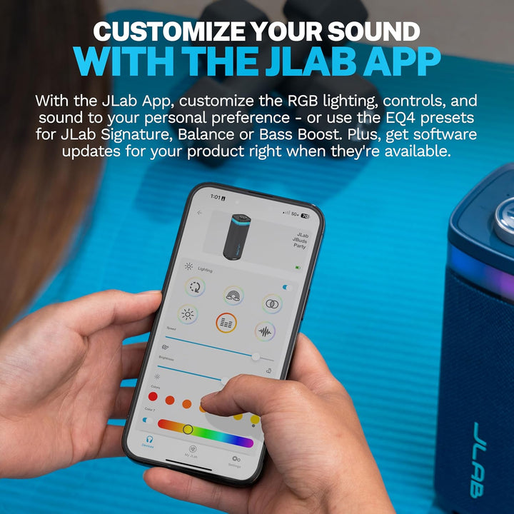 JLab, JBuds Party Altavoz Bluetooth portátil, impermeable, iluminac...