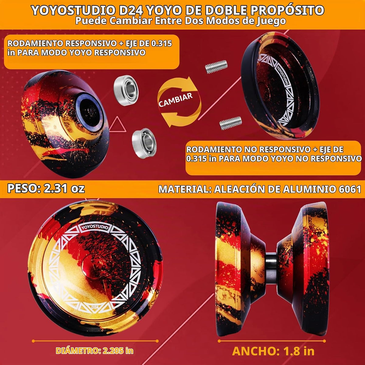 YOYOSTUDIO D24 Yoyo profesional de giro de dedo, yoyo sensible para niños