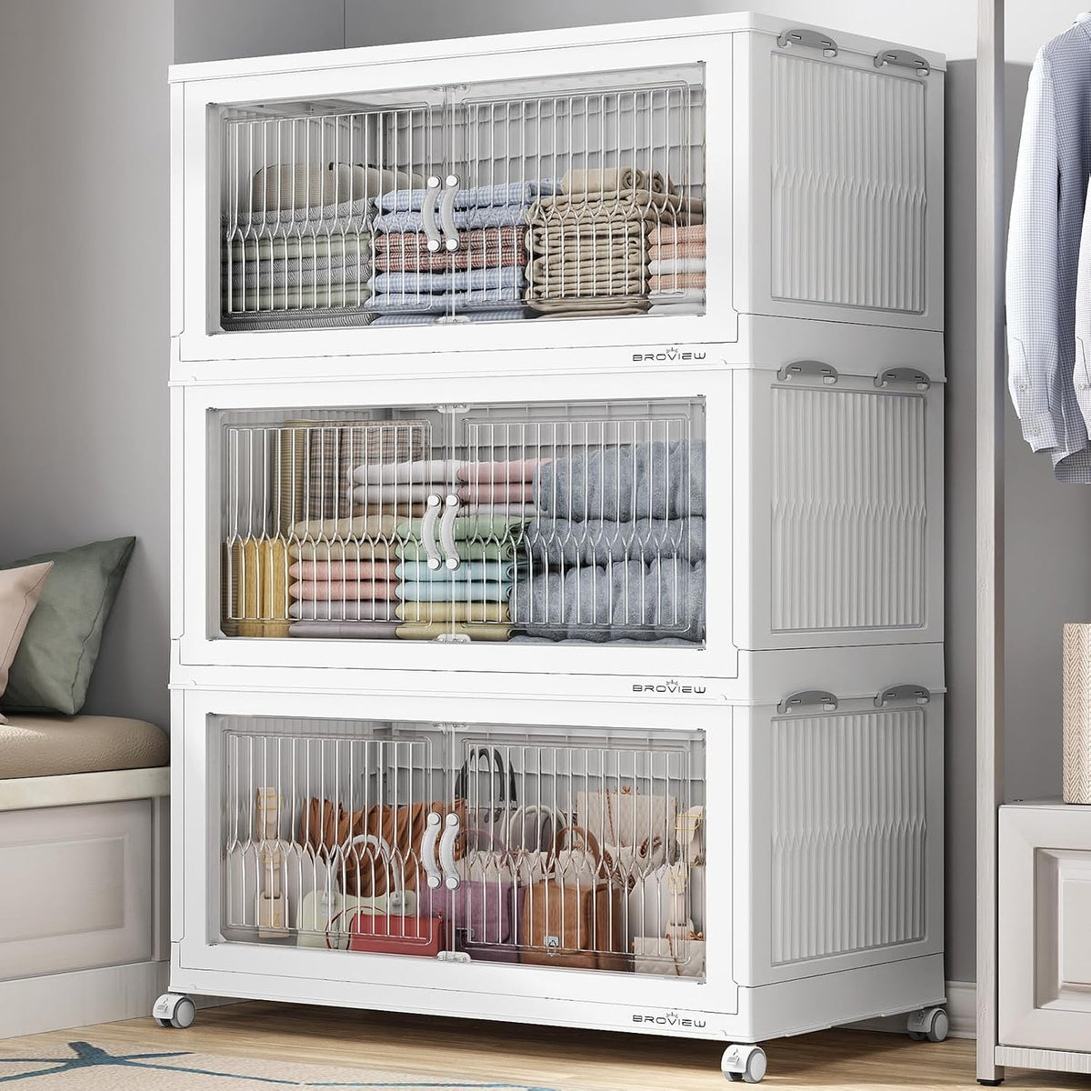 BROVIEW - Contenedores apilables extra grandes de 600 cuartos de galón con tapas, organizador de armario, cajas de cajones plegables con ruedas, contenedores de plástico plegables para el hogar