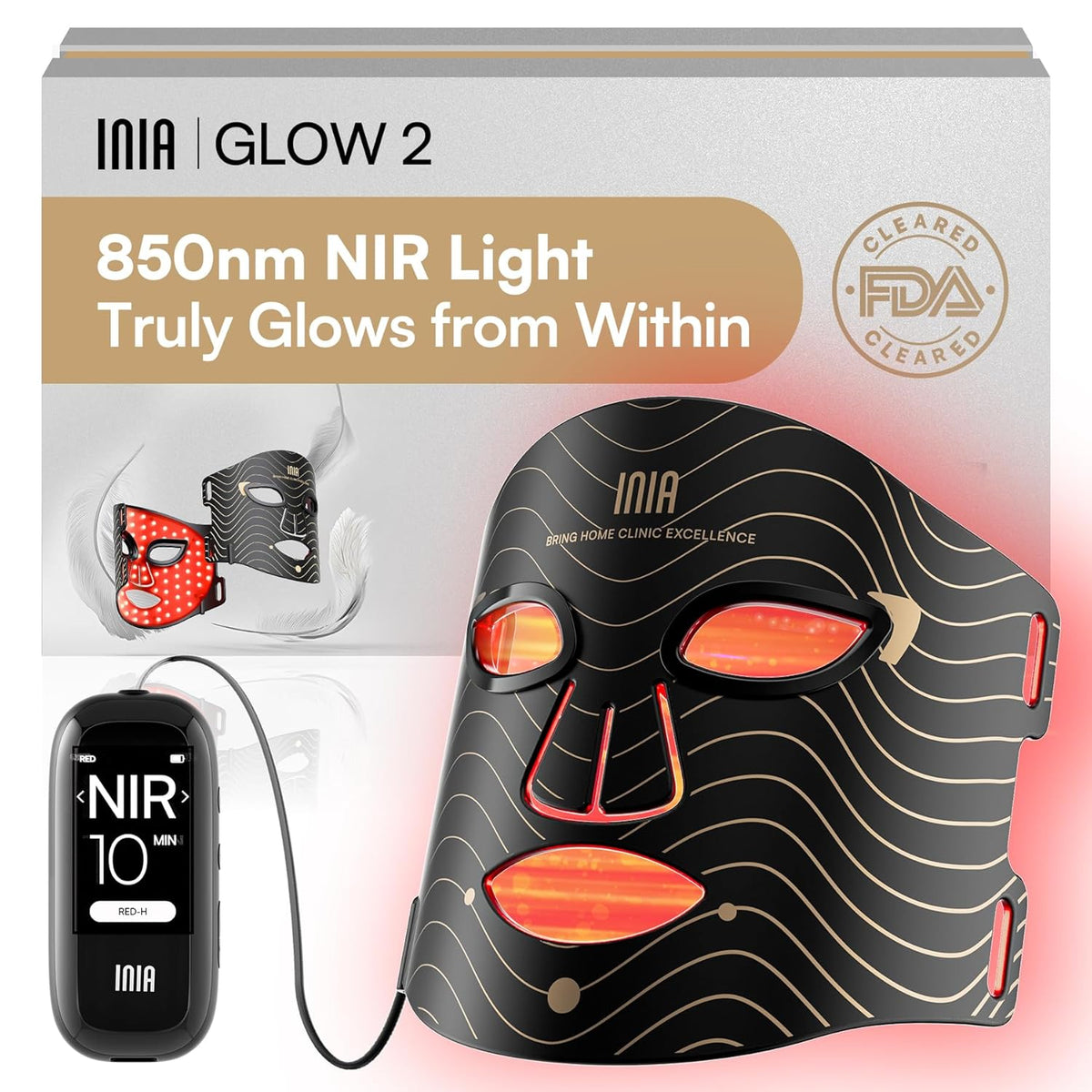 INIA Máscara de terapia de luz roja para cara, 4 modos de luz con NIR de 850 nm, Negro