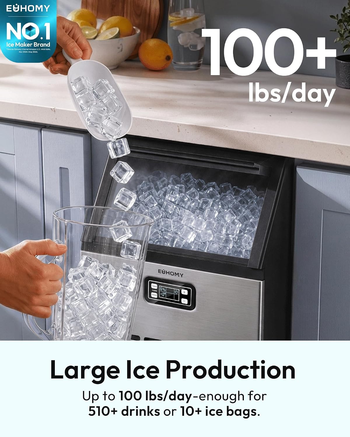 EUHOMY Máquina Comercial de Hielo, Máquina de Hielo de Acero Inoxidable de 100 lbs/24H Bajo Mostrador con Capacidad de Almacenamiento de Hielo de 33 lbs, Máquina de Hielo Independiente.