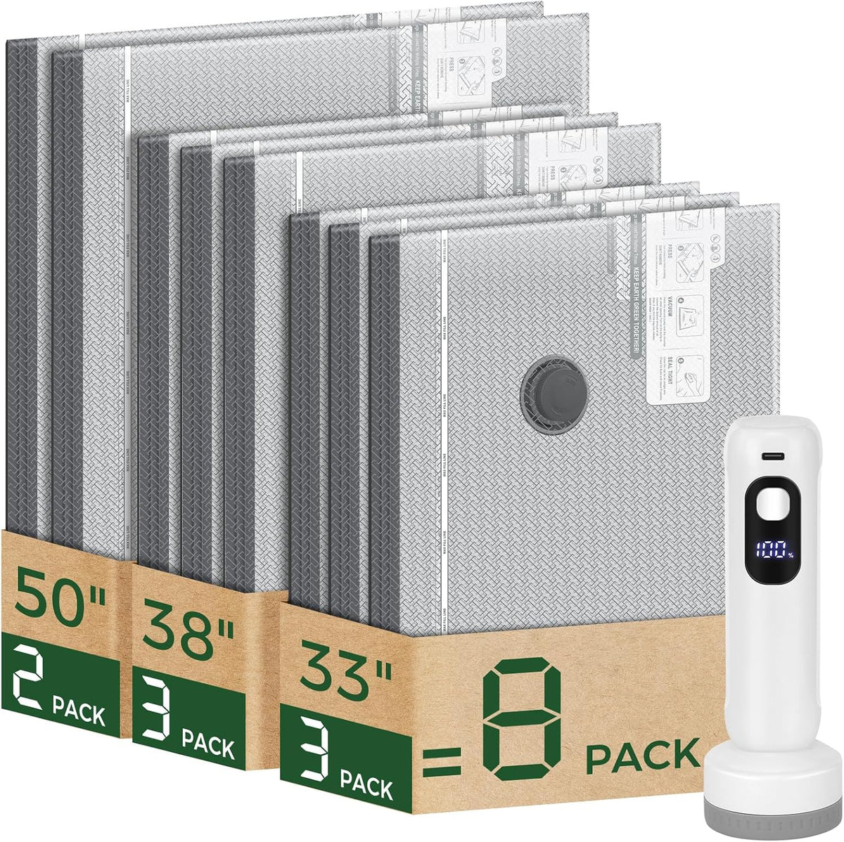 Bolsas de Almacenamiento al Vacío con Bomba Digital Inalámbrica - Combo de 8 Jumbo